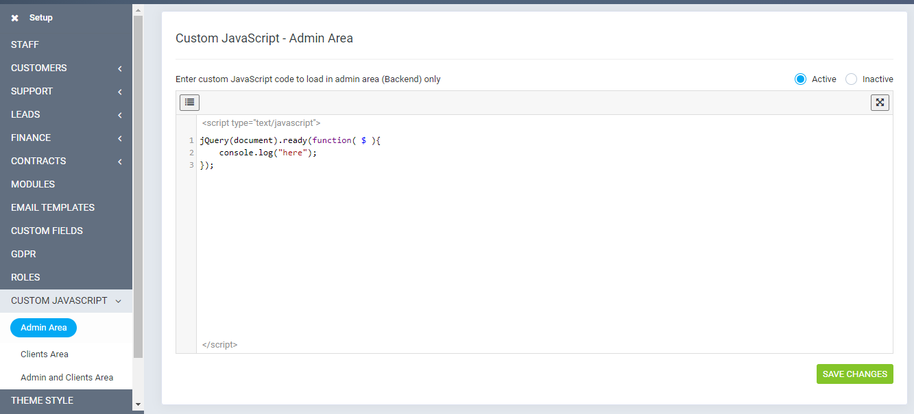 Add JavaScript to admin area