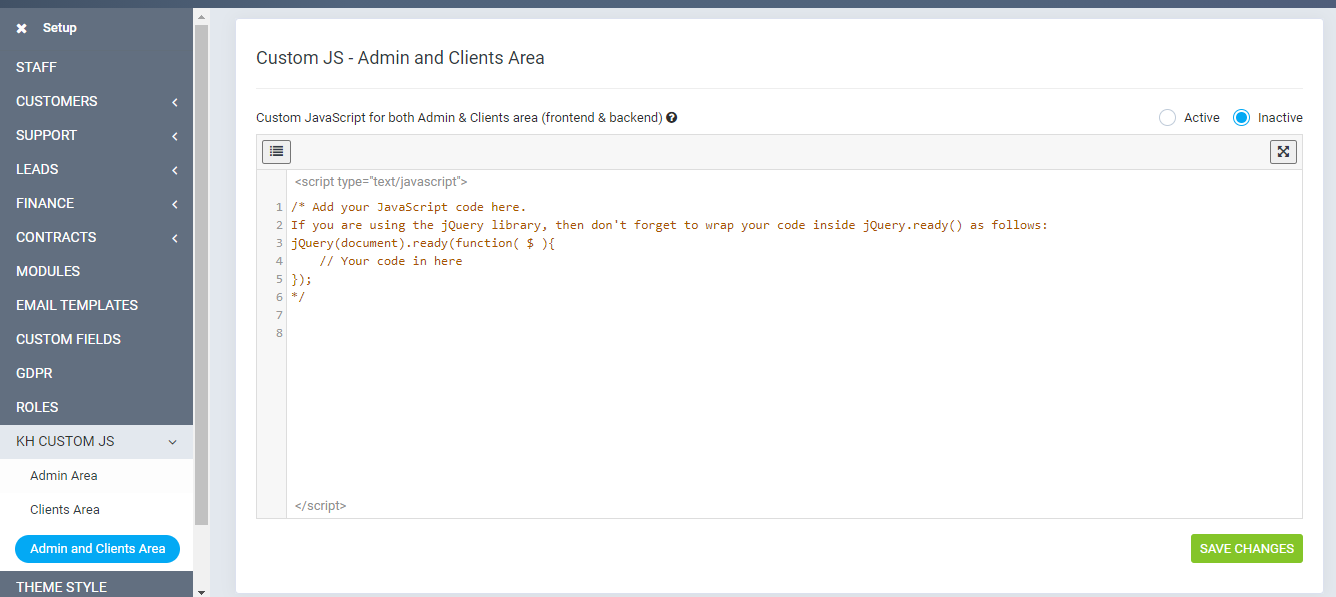 Add JavaScript to both admin and clients area
