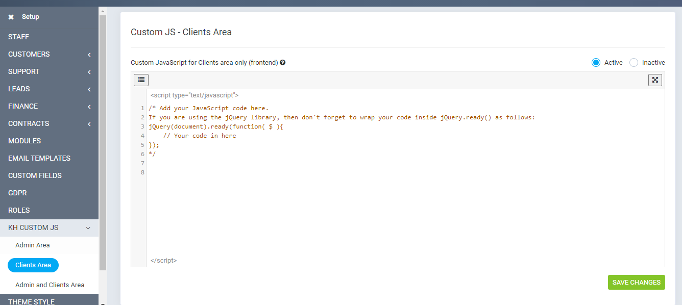 Add JavaScript to clients area