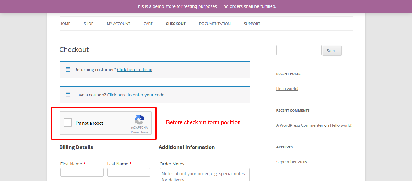 Before Checkout Form position