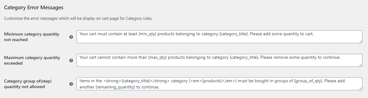 Customizable category error eessages